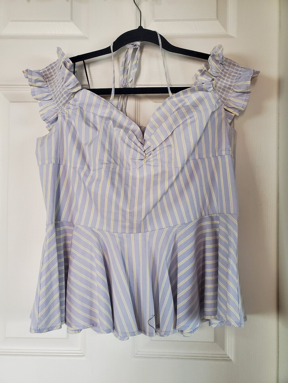 Belle Sky Peplum Blue Striped Blouse Off-the-Shoulder Nautical Vacation Cruise